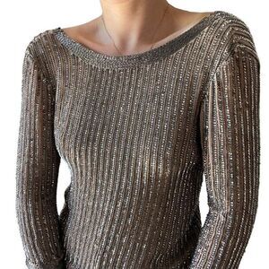 Parker Womens Champagne Gold Metallic Beaded Silk Evening Blouse Sz XS